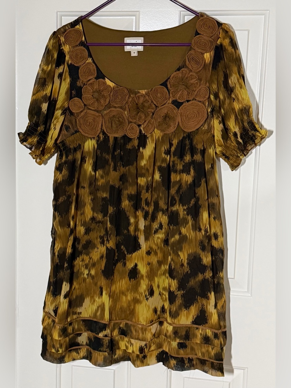 Vintage Floral Applique Scoop Neck Tunic Mini Dress